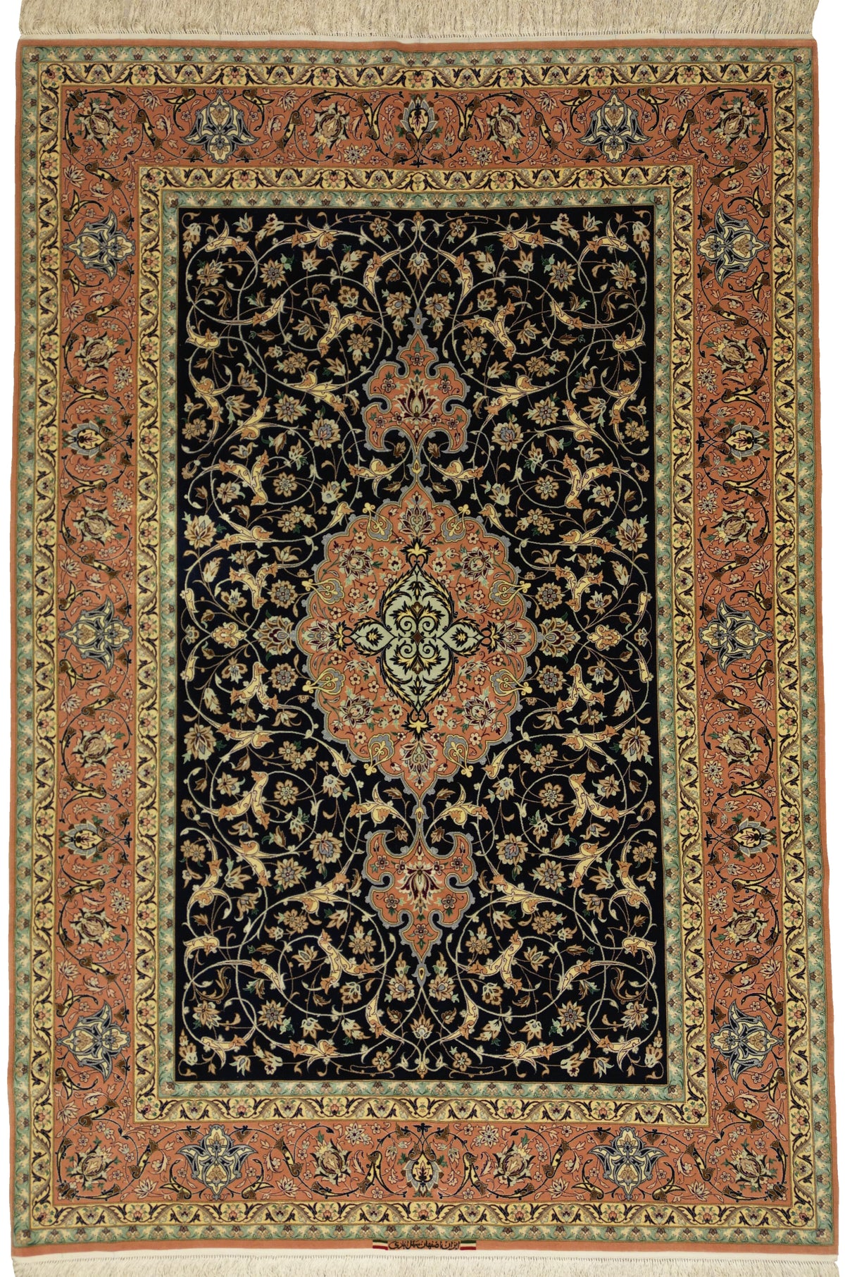 Persian Isfahan Rug  | 6' 8" X 9' 10" | Midnight Blue & Salmon Colours | Floral Medallion Design | Urban Production
