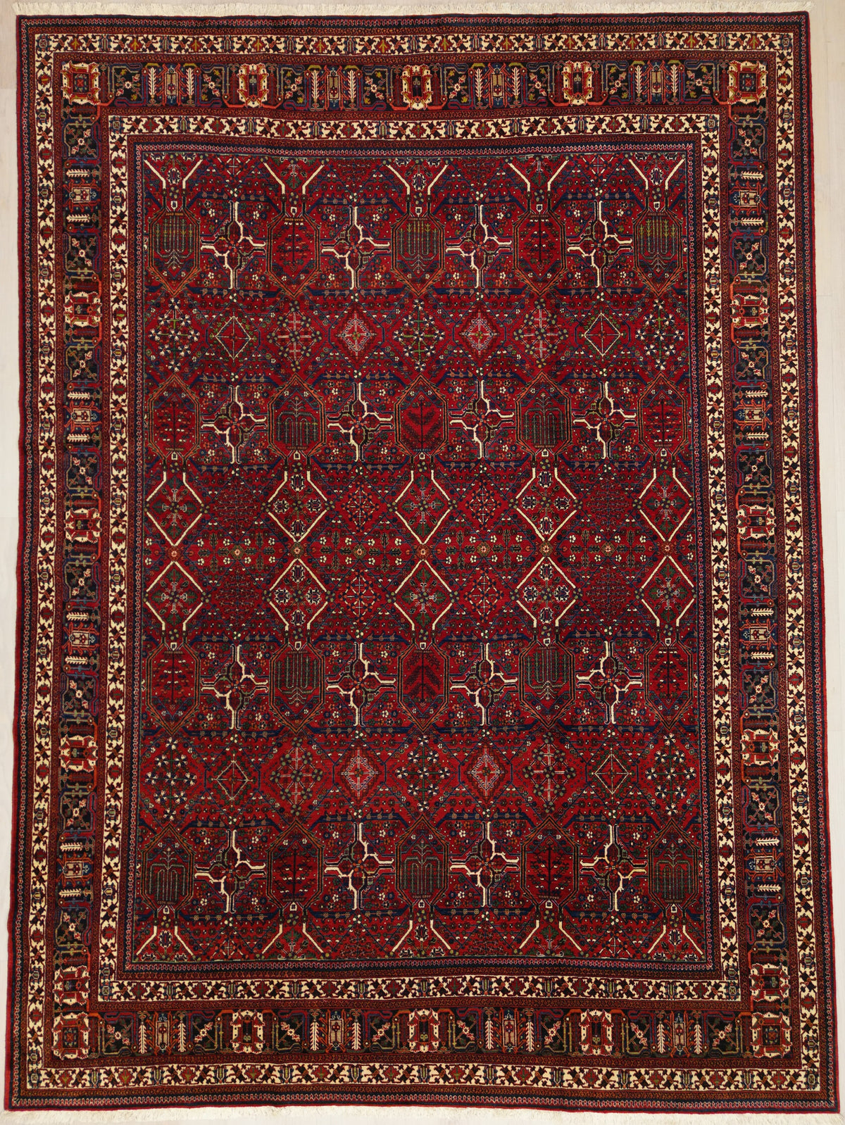Vintage Persian Meymeh Rug Circa 1950 | 9' 1" X 12' 4" | Red Colour | Allover Geometric Design | Tribal Production
