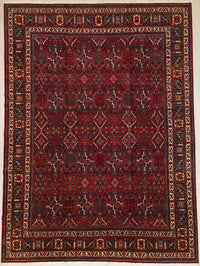 Vintage Persian Meymeh Rug Circa 1950 | 9' 1" X 12' 4" | Red Colour | Allover Geometric Design | Tribal Production