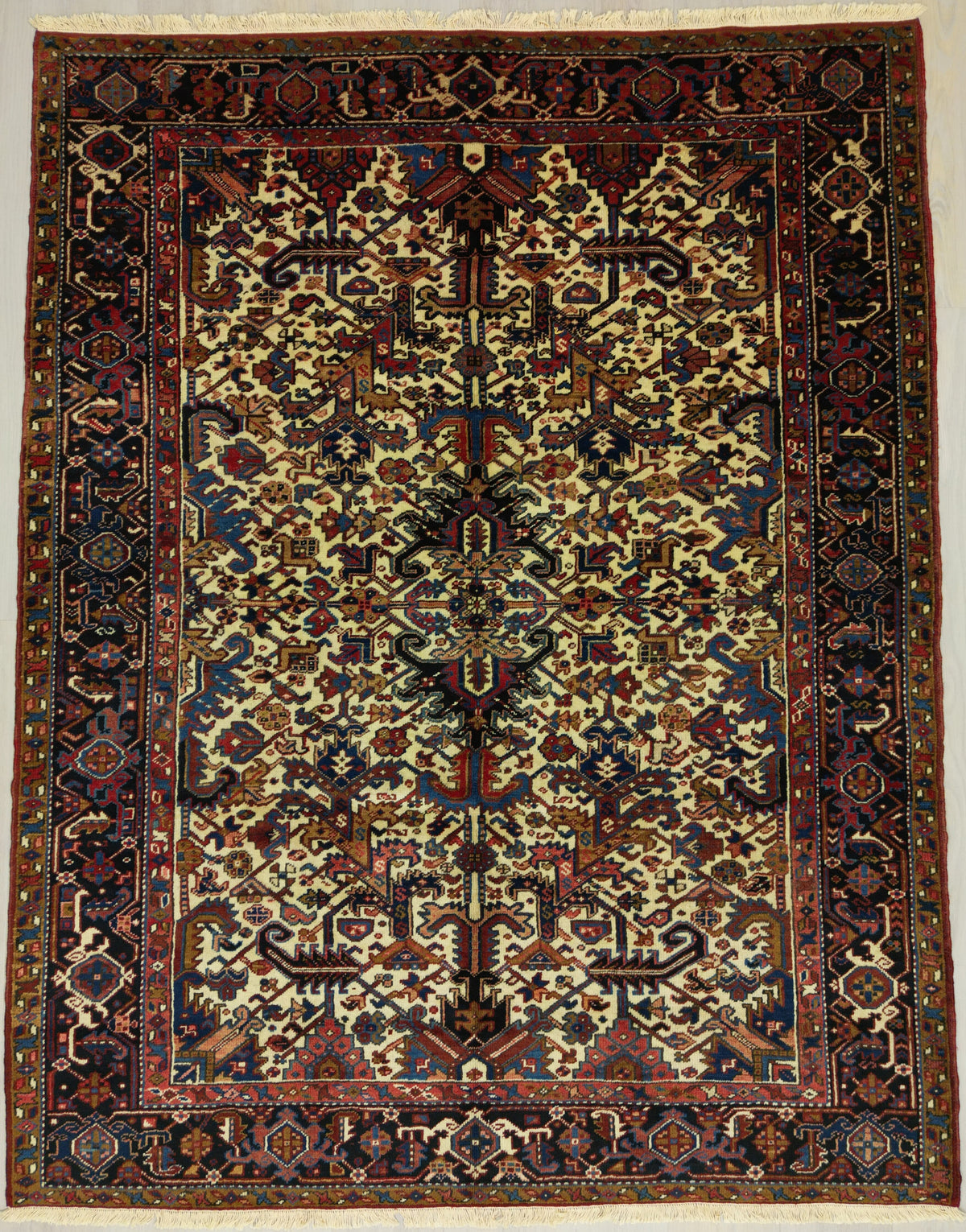 Vintage Persian Heriz Rug Circa 1940 | 6' 11" X 8' 10" | Ivory Colour | All-over Geometric Design | Tribal Production