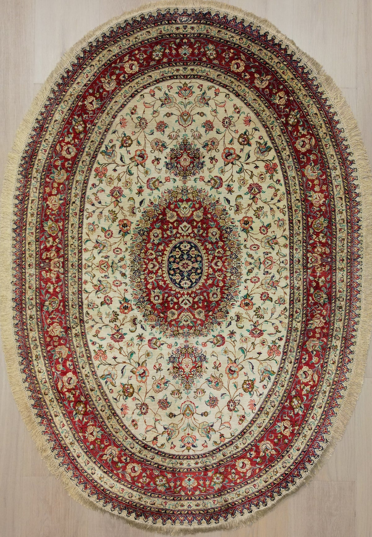 Persian Qom Rug | 4' 5" X 6' 6" | Red & Cream Colours | Oval Shape | Urban Production