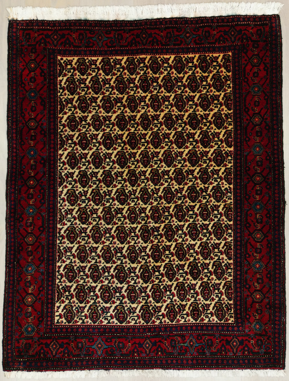 Persian Senneh Rug | 4' 1" X 5' 3" | Red & Beige Colours | Paisley Motif | Tribal Production