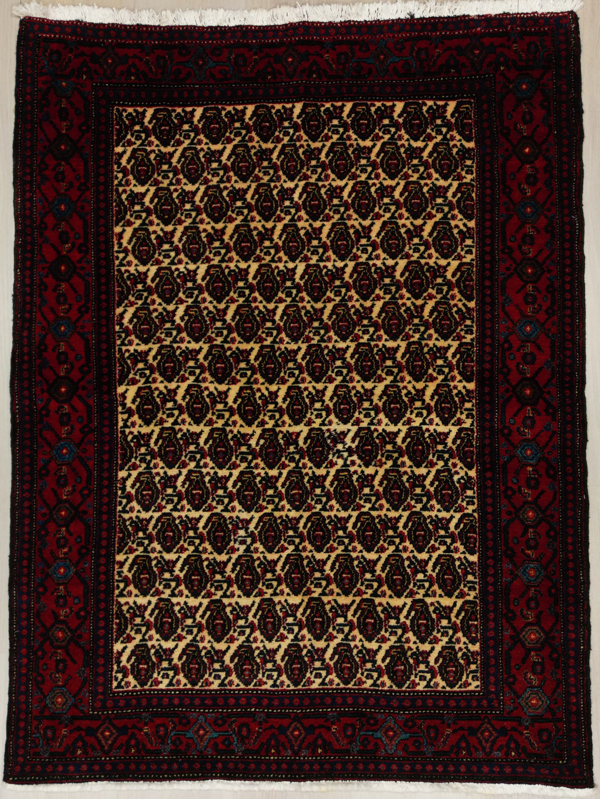 Persian Senneh Rug | 4' 1" X 5' 7" | Red & Beige Colours | Paisley Motif | Tribal Production