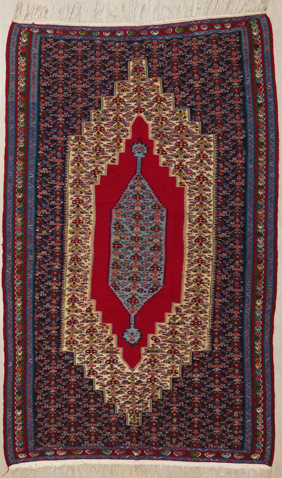 Persian Senneh Kilim | 4' 6" X 7' 1" | Red & Blue Colours | Geometric Design | Tribal Production