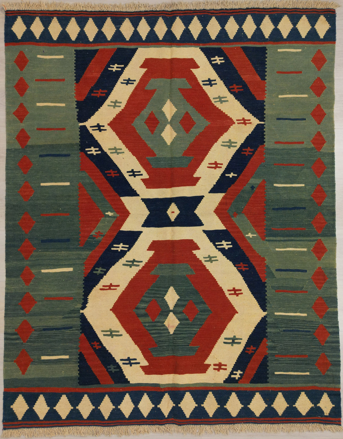 Persian Shiraz Kilim | 5' 5" X 6' 9" | Green & Orange Colours | Geometric Design | Tribal Production