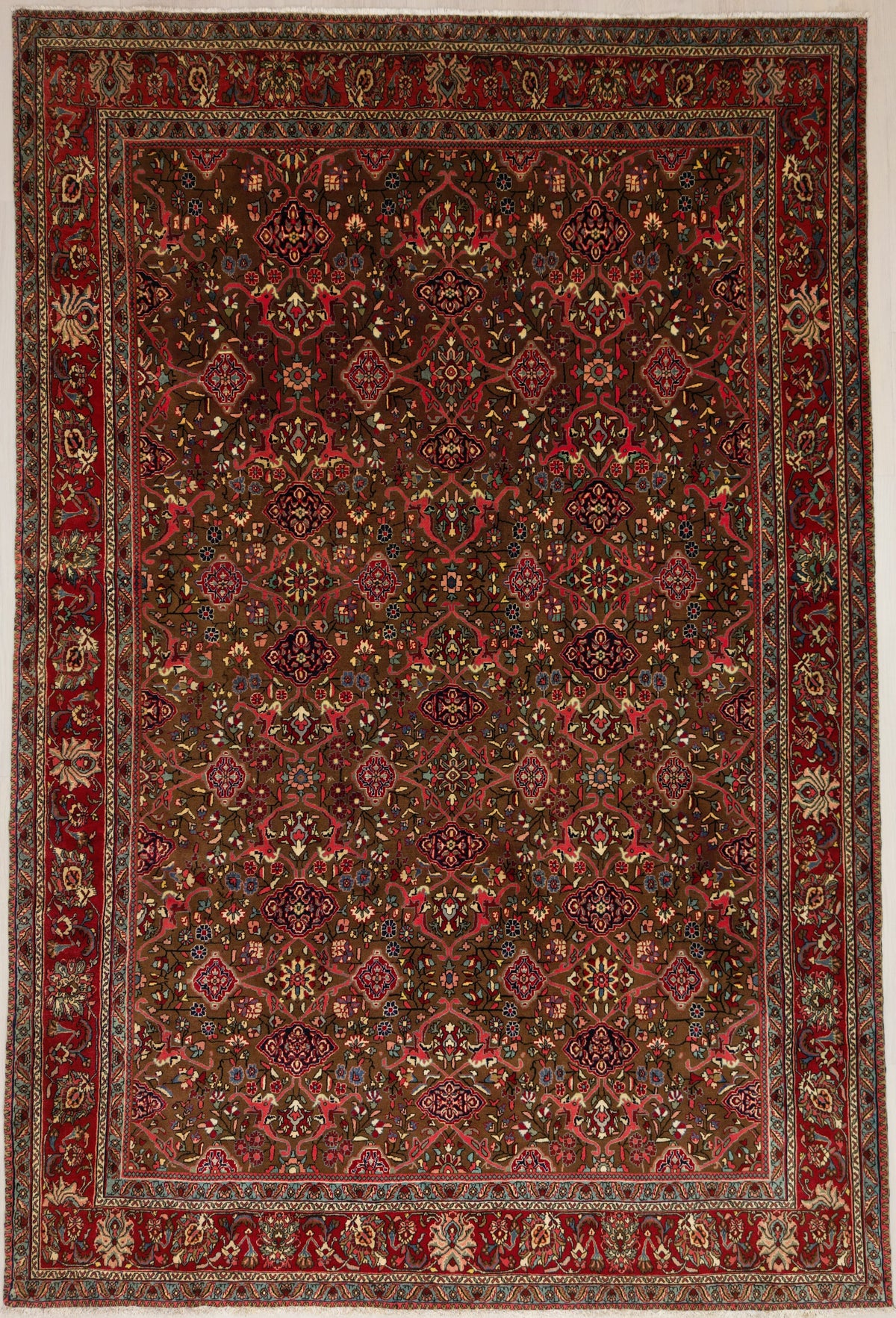 Vintage Persian Bijar Rug Circa 1970 | 7' 4" X 10' 11" | Brown & Red Colours | Floral Design | Tribal Production