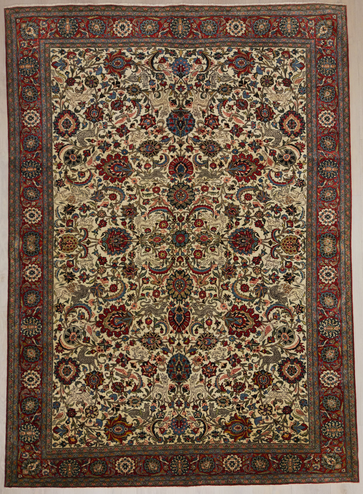 Vintage Persian Qom Rug Circa 1950 | 7' 7" X 10' 6" | Red & Beige Colours | Floral Design | Urban Production
