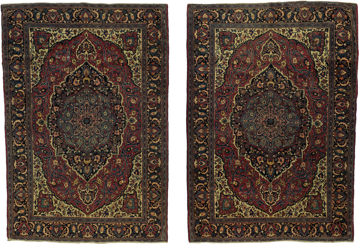 Antique Persian Mashad Rug Pair Circa 1910 | 4' 7" X 6' 9" & 4' 8" X 6' 8" | Red & Blue Colours | Floral Design | Urban Production