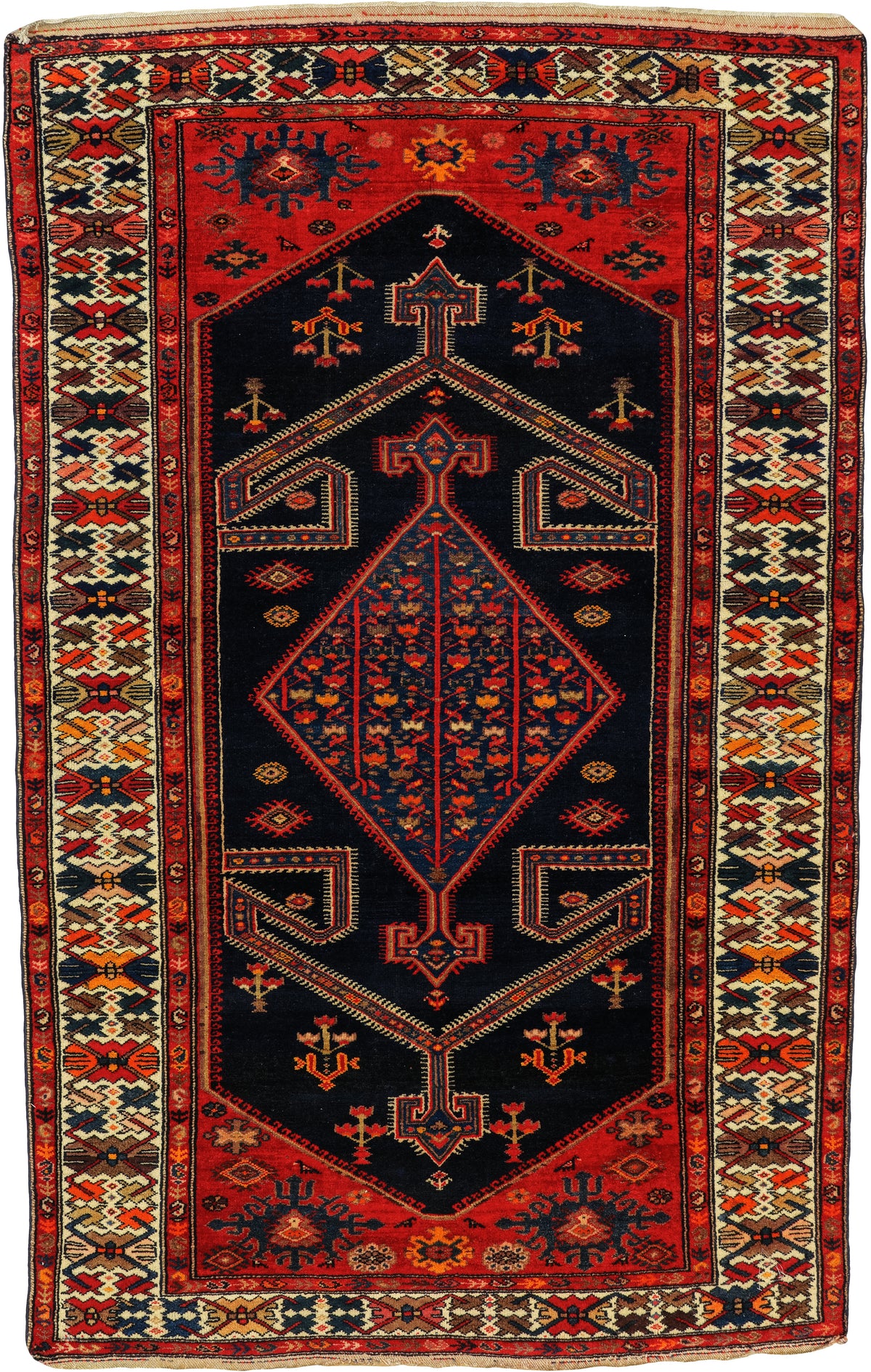 Antique Persian Malayer Rug Circa 1910 | 4' 6" X 7' 1"  | Geometric Design | Midnight-Blue & Red Colours | Tribal Production
