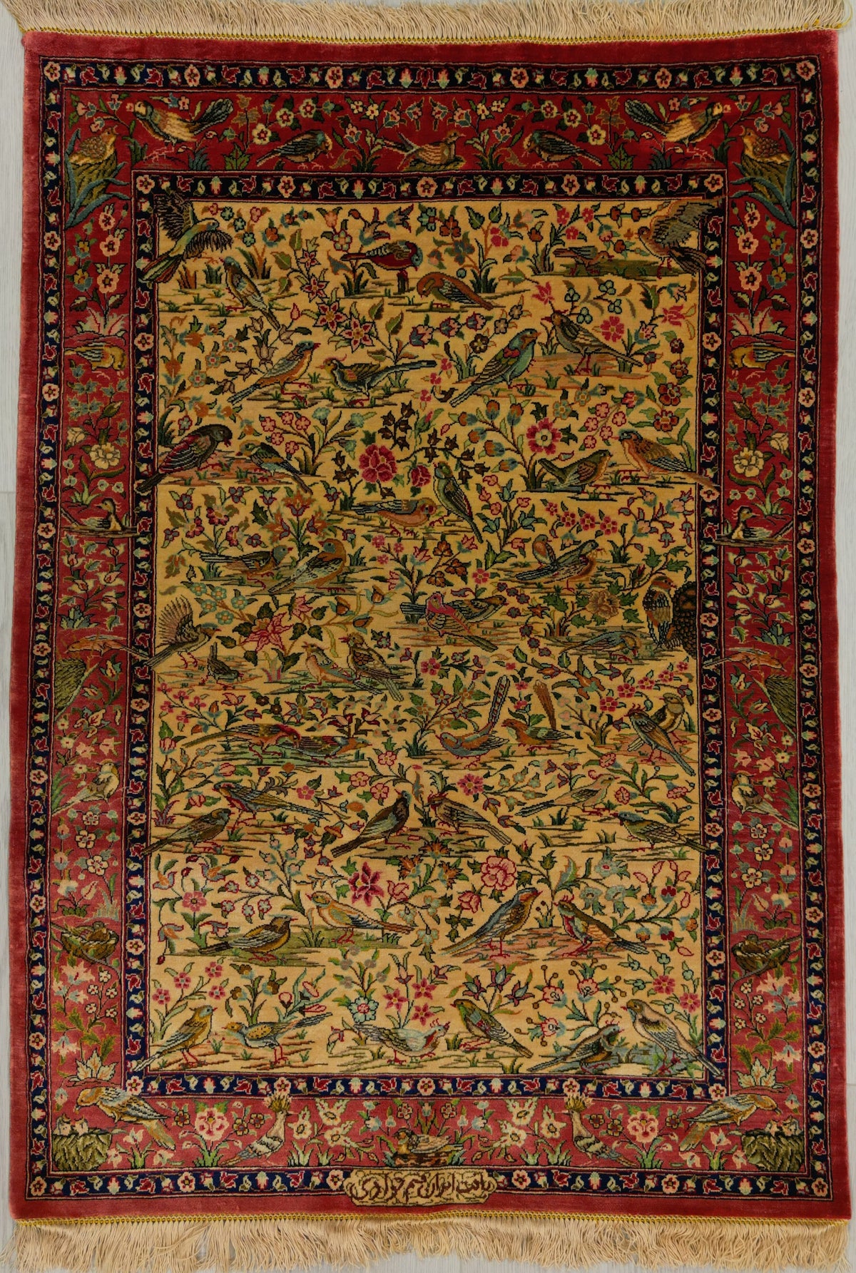 Persian Qom Rug | 2' 4" X 3' 3" | Beige & Orange Colours | Flower & Bird Design | Urban Production