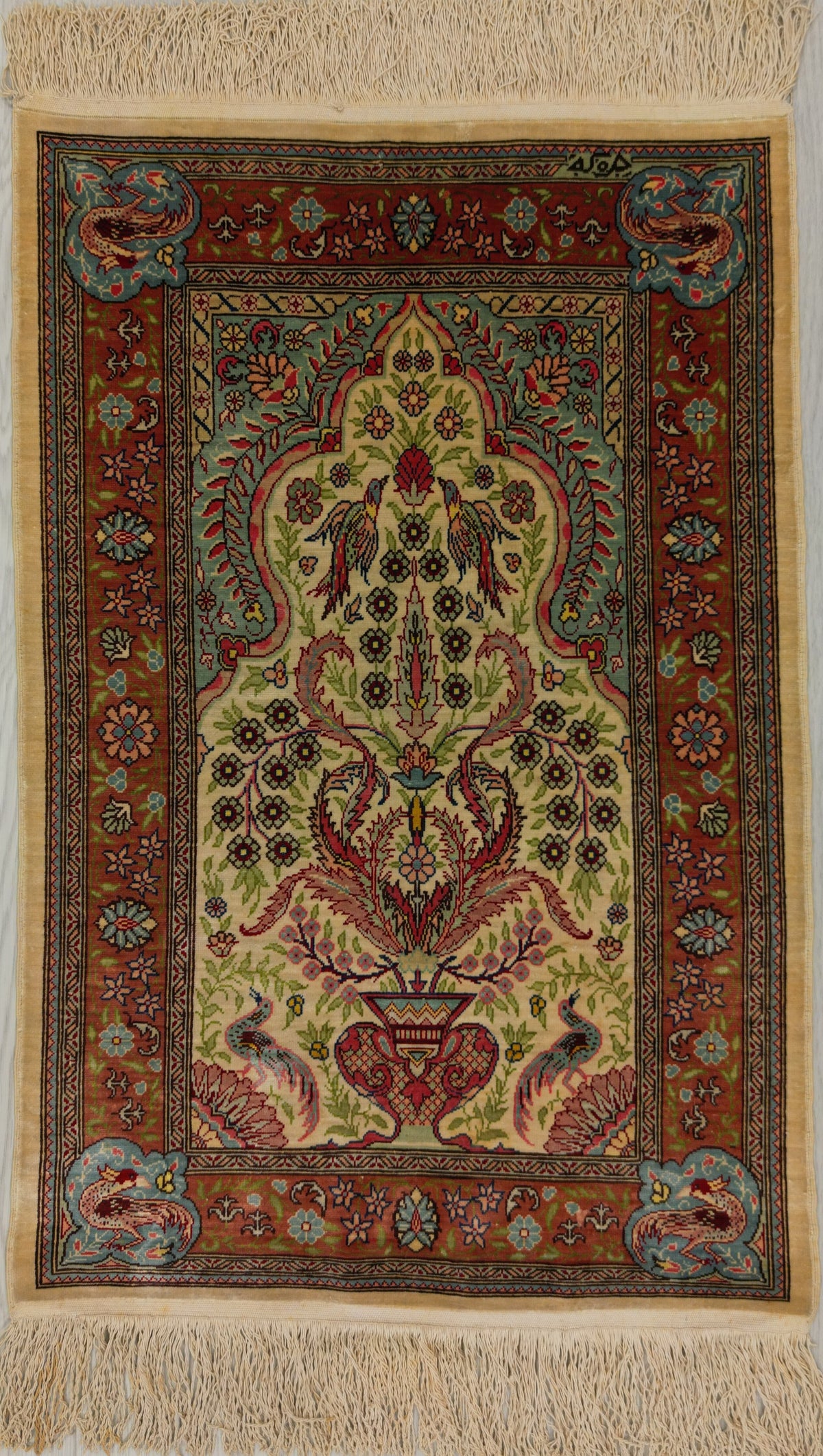 Vintage Turkish Hereke Rug Circa 1980 | 1' 8" X 2' 6" | Light Colours | Floral Design | Pure Silk | Urban Production