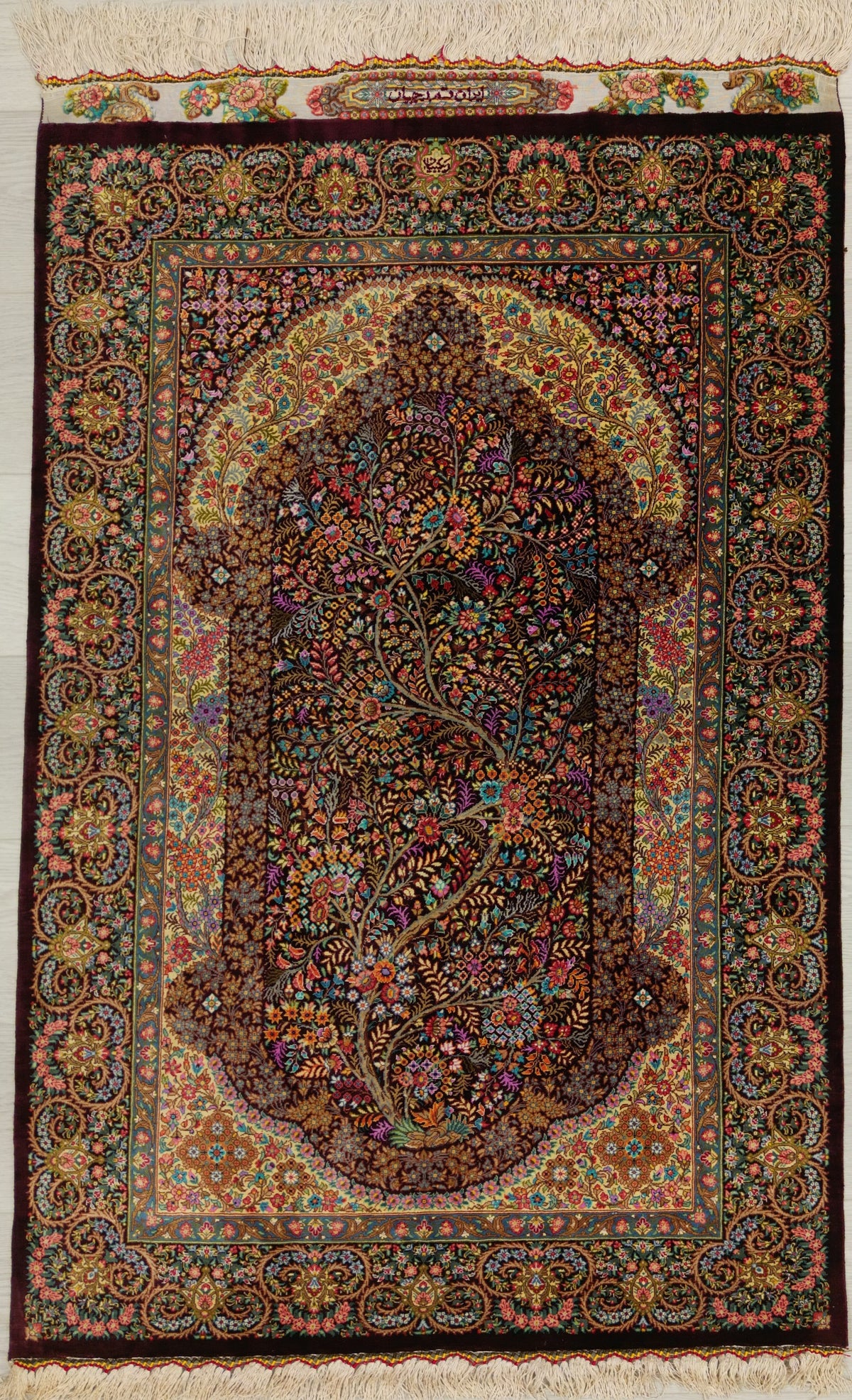 Persian Qom Rug | 2' 7" X 4' | Multicolour | Floral Design | Extremely Fine | Pure Silk | Urban Production