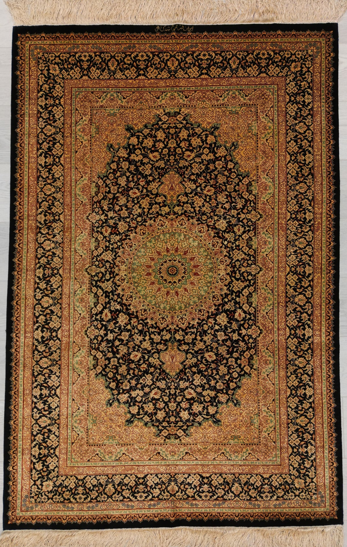Persian Qom  Rug | 3' 4" X 5' | Beige & Black Colours | Floral Design | Extremely Fine | Pure Silk | Urban Production