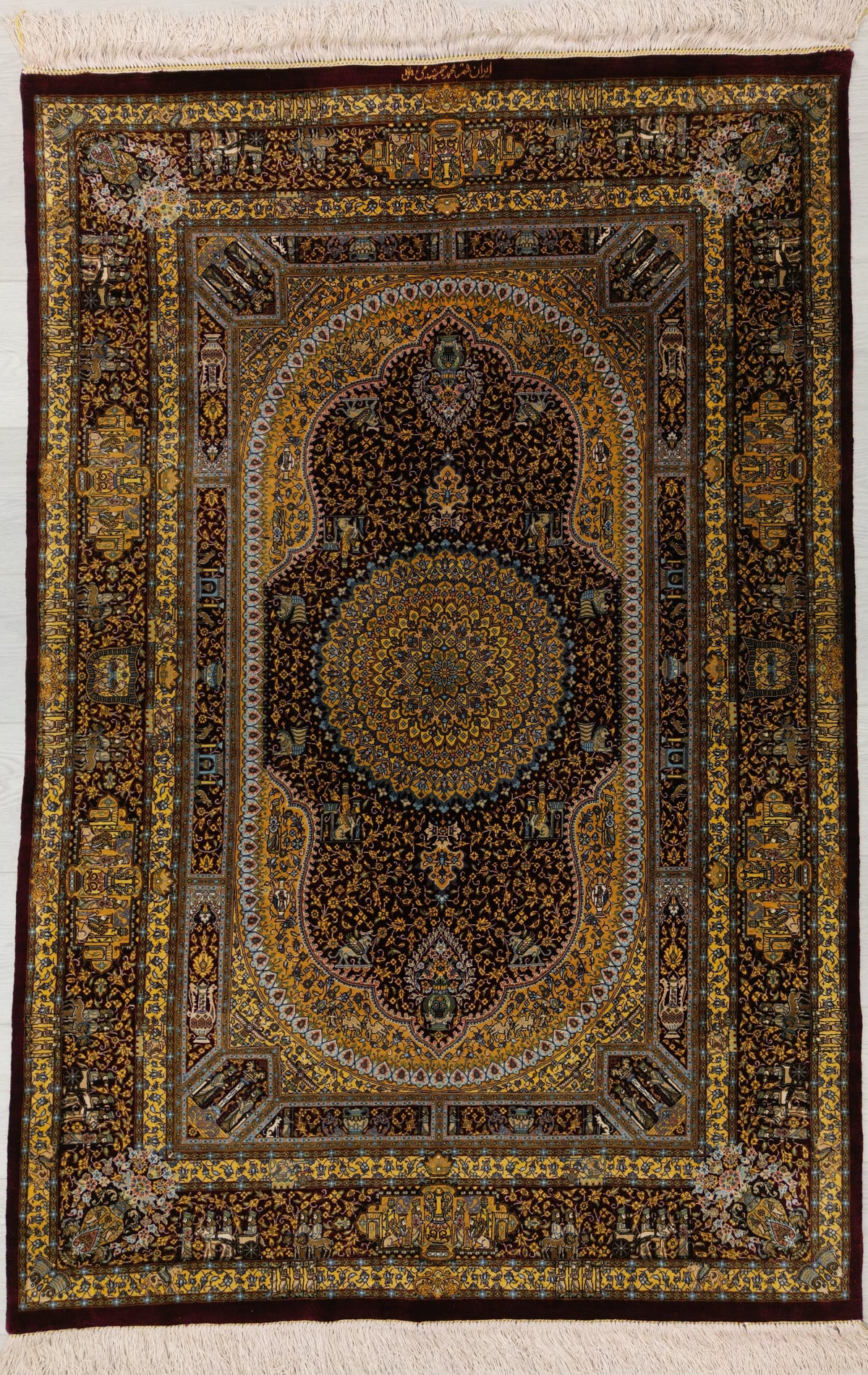 Persian Qom Rug | 3' 4" X 4' 11" | Dark Red & Yellow Colours | Floral Design | Extremely Fine | Pure Silk | Urban Production