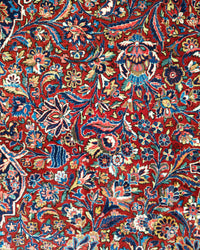 Antique Persian Kashan Rug Circa 1930 | 10' 1" X 16' 2" | Floral Design | Red & Navy Blue Colours | Finely Woven | Urban Production