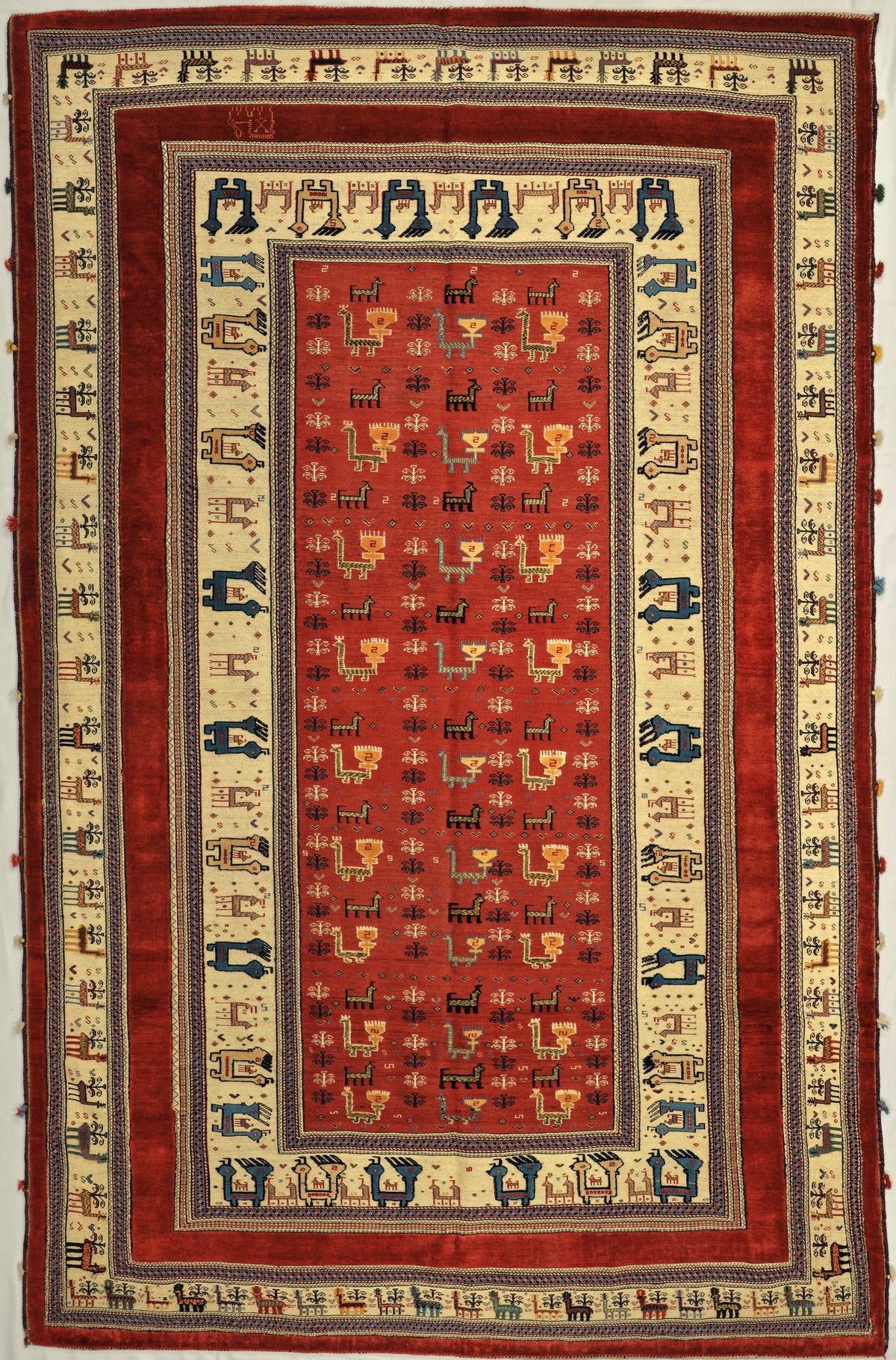 Persian Shiraz Carpet Kilim Rug | 6' 6" X 10' 2" | Nesting Rectangular Design | Red & Ivory Colours | Tribal Production