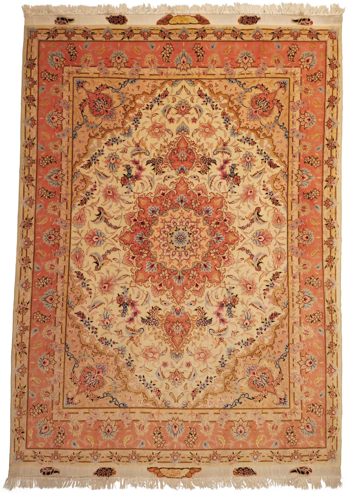 Persian Tabriz Rug | 4' 9" X 6' 9" | Peach & Ivory Colours | Wool & Silk | Extremely Fine | Urban Production