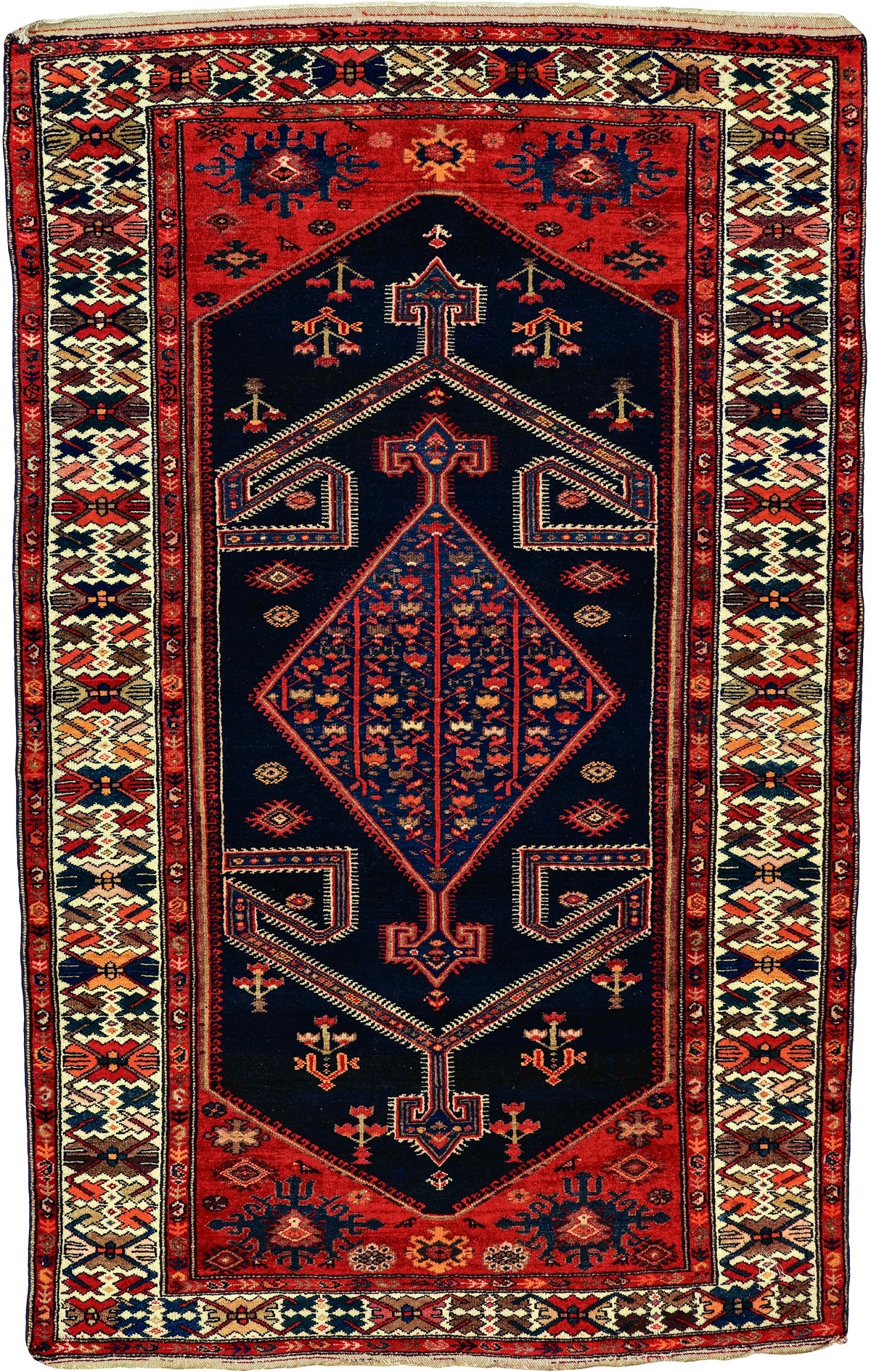 Antique Persian Malayer Rug Circa 1910 | 4' 6" X 7' 1"  | Geometric Design | Midnight-Blue & Red Colours | Tribal Production