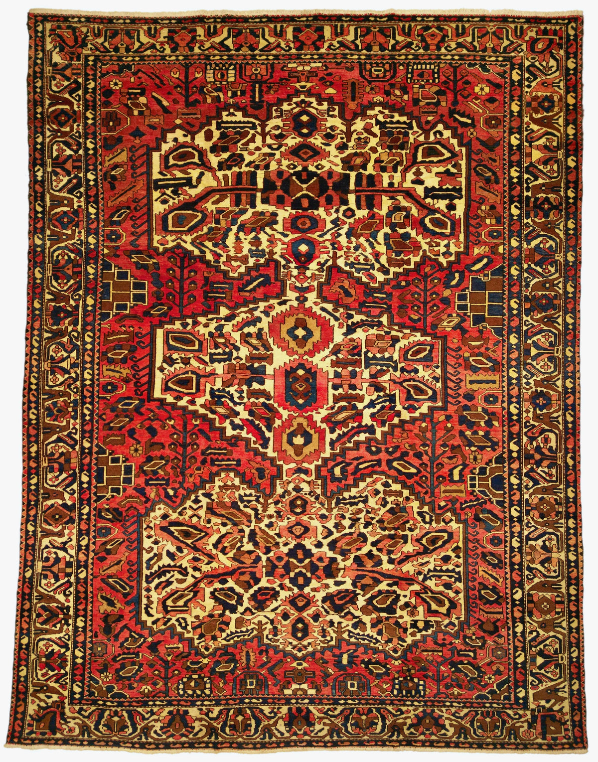 Vintage Persian Bakhtiar Rug Circa 1950 | 10' 5" X 13' 7" | Large Size | Ivory & Red Colours | Tribal Production