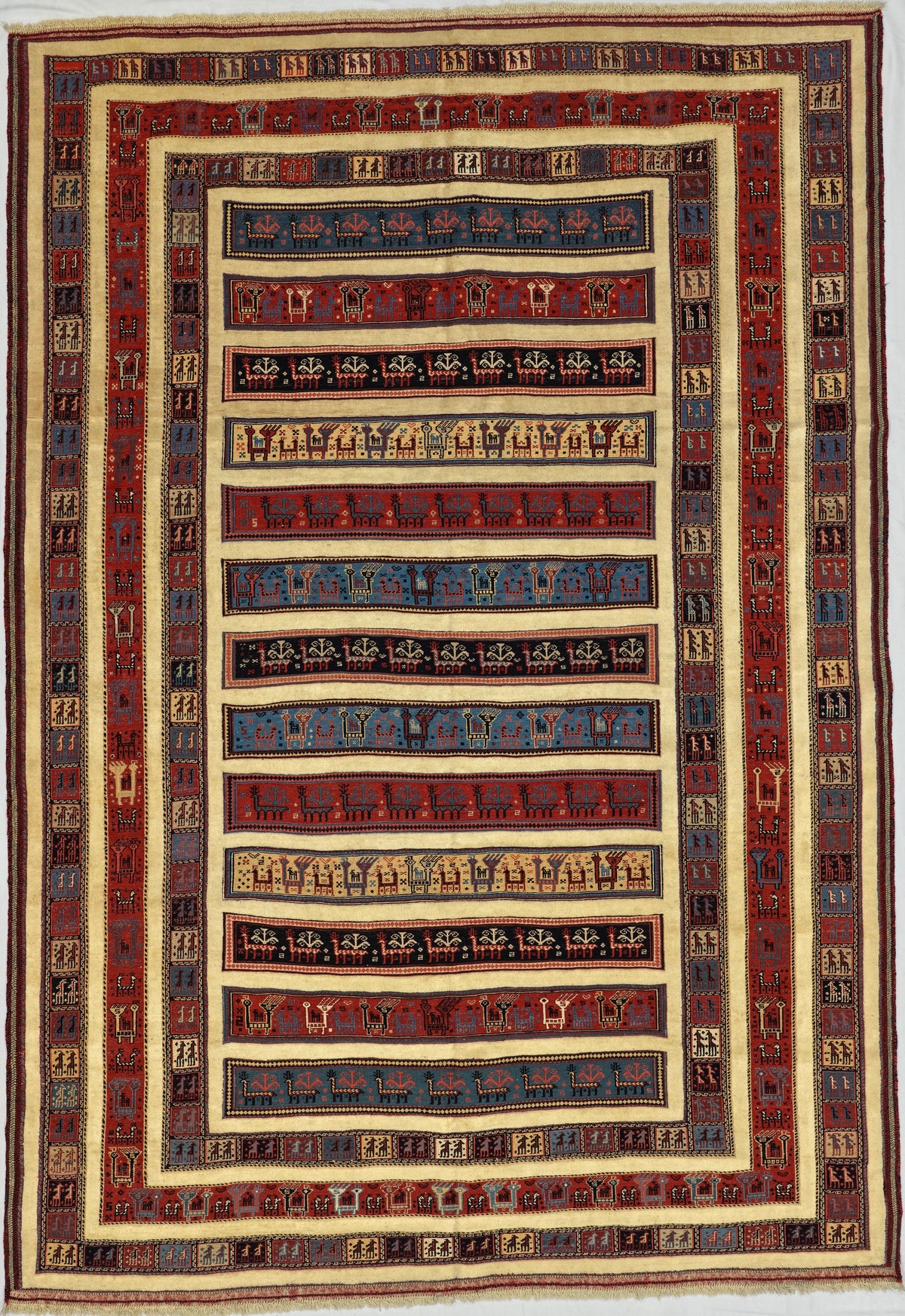 Persian Shiraz Carpet Kilim Rug | 7' 1" X 10' 1" | Striped Design | Multi-Coloured | Tribal Production