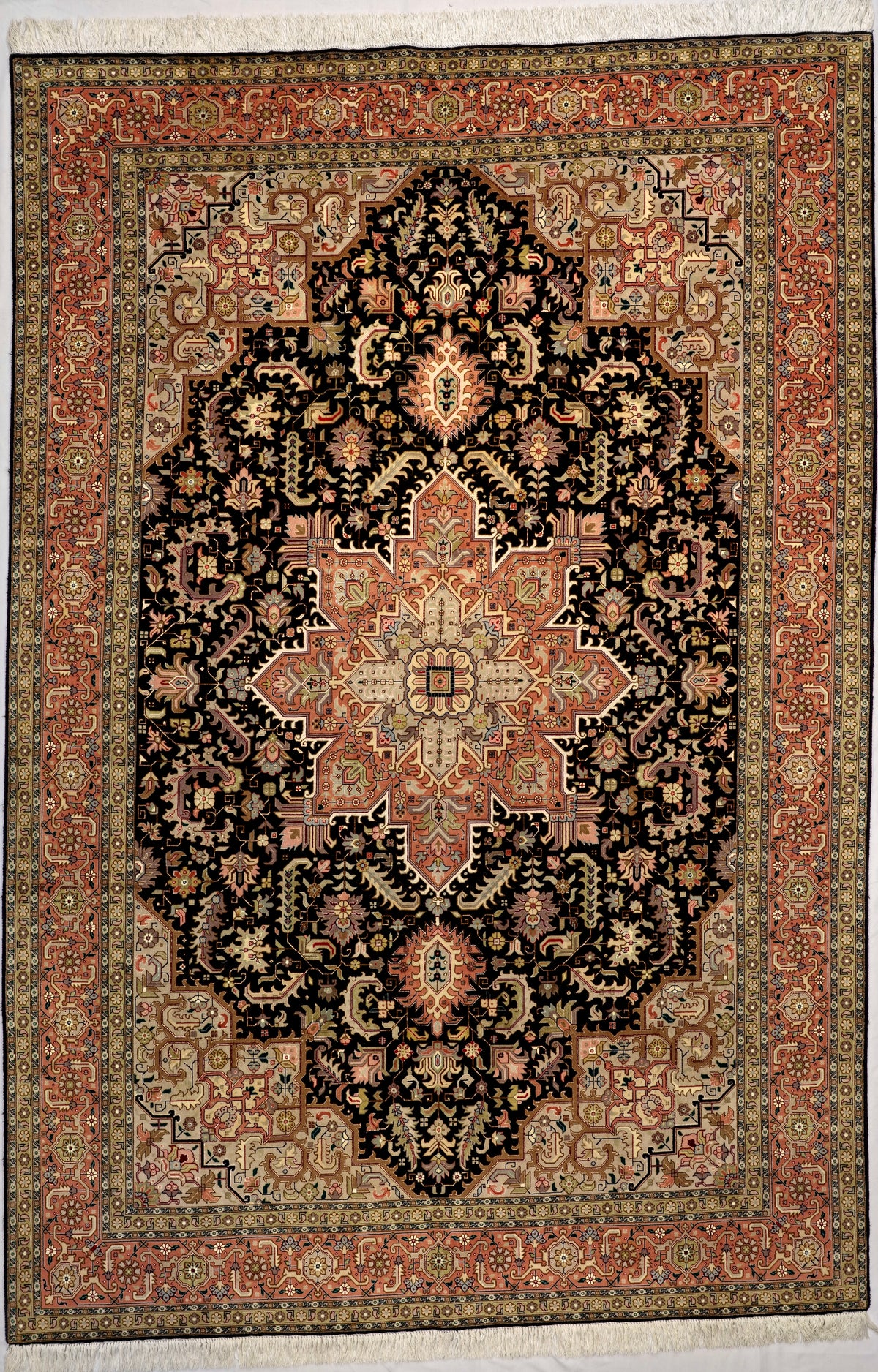 Persian Tabriz Rug | 6' 9" X 10' 0" | Heriz Design | Black & Peach Colours | Wool & Silk | Finely Woven | Urban Production