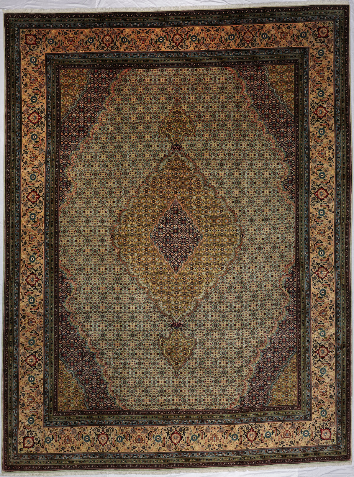 Persian Tabriz Mahi Rug | 10’ X 13' 3" | Aquamarine & Orange Colours | Mahi/Fish Design | Urban Production