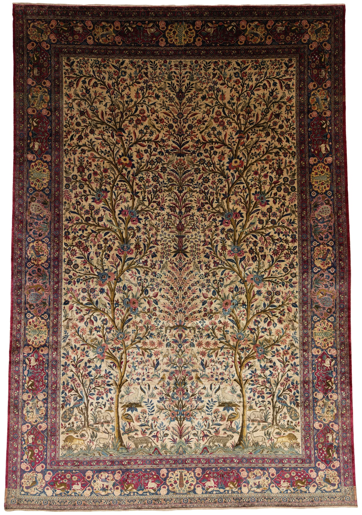 Antique Pure Silk Persian Kashan Rug Circa 1900 | Tree Of Life Design | 8' 2" X 12' 1" | Cream & Purple Colours | Pure Silk | Extremely Fine | Urban Production