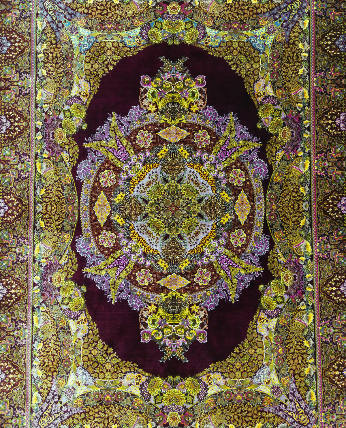 Persian Qom Rug | 4' 7" X 6' 4" | Medallion Design | Burgundy, Gold, & Purple Colours | Extremely Fine | Pure Silk | Urban Production