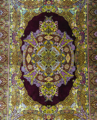Persian Qom Rug | 4' 7" X 6' 4" | Medallion Design | Burgundy, Gold, & Purple Colours | Extremely Fine | Pure Silk | Urban Production