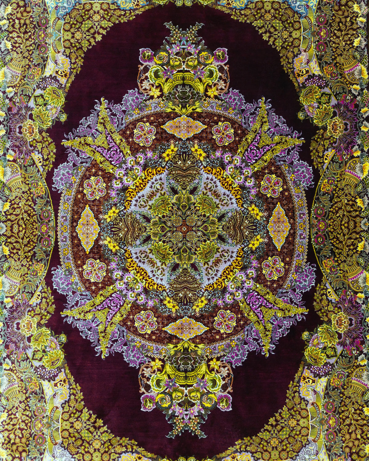 Persian Qom Rug | 4' 7" X 6' 4" | Medallion Design | Burgundy, Gold, & Purple Colours | Extremely Fine | Pure Silk | Urban Production