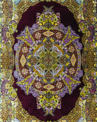 Persian Qom Rug | 4' 7" X 6' 4" | Medallion Design | Burgundy, Gold, & Purple Colours | Extremely Fine | Pure Silk | Urban Production