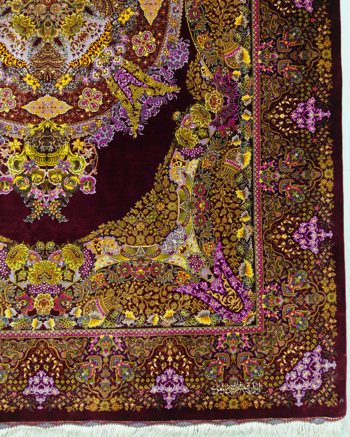 Persian Qom Rug | 4' 7" X 6' 4" | Medallion Design | Burgundy, Gold, & Purple Colours | Extremely Fine | Pure Silk | Urban Production