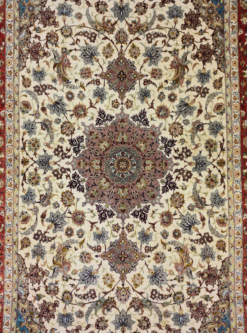 Pure Silk Persian Isfahan Rug | 4' 11" X 7' 10" | Cream & Peach Colours | Extremely Fine | Pure Silk | Urban Production