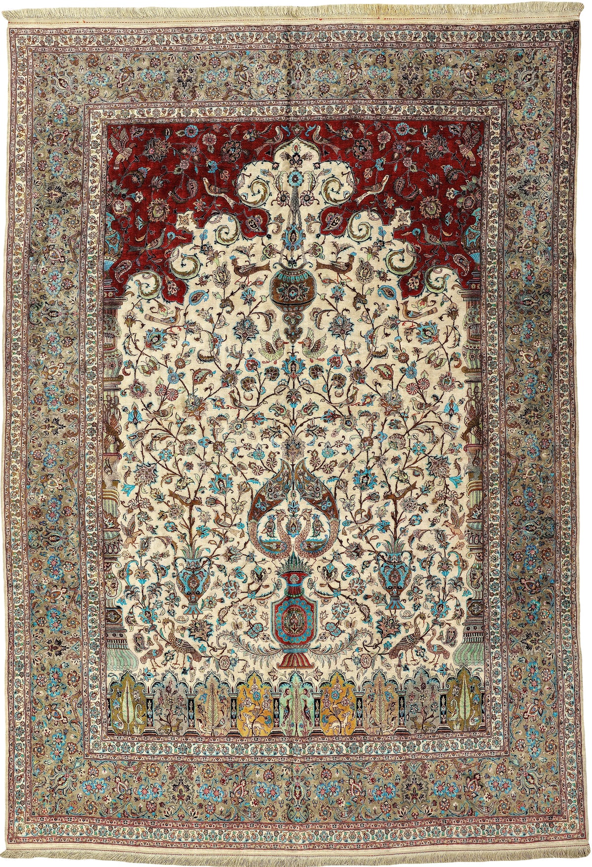 Persian Kashan Rug | 6' 6" X 9' 5" | Tree of Life Design | Ivory & Red Colours | Pure Silk | Extremely Fine | Urban Production
