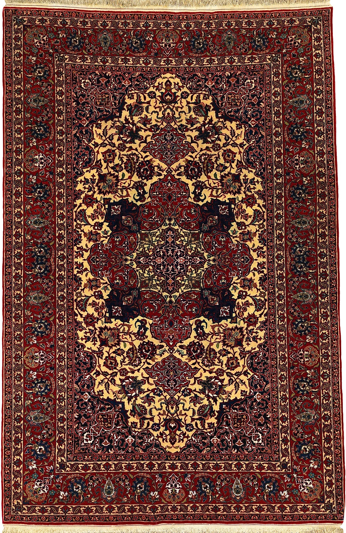 Antique Persian Isfahan Rug Circa 1920 | 4' 11" X 7' 4" | Red & Beige Colours | Floral Medallion Design | Urban Production