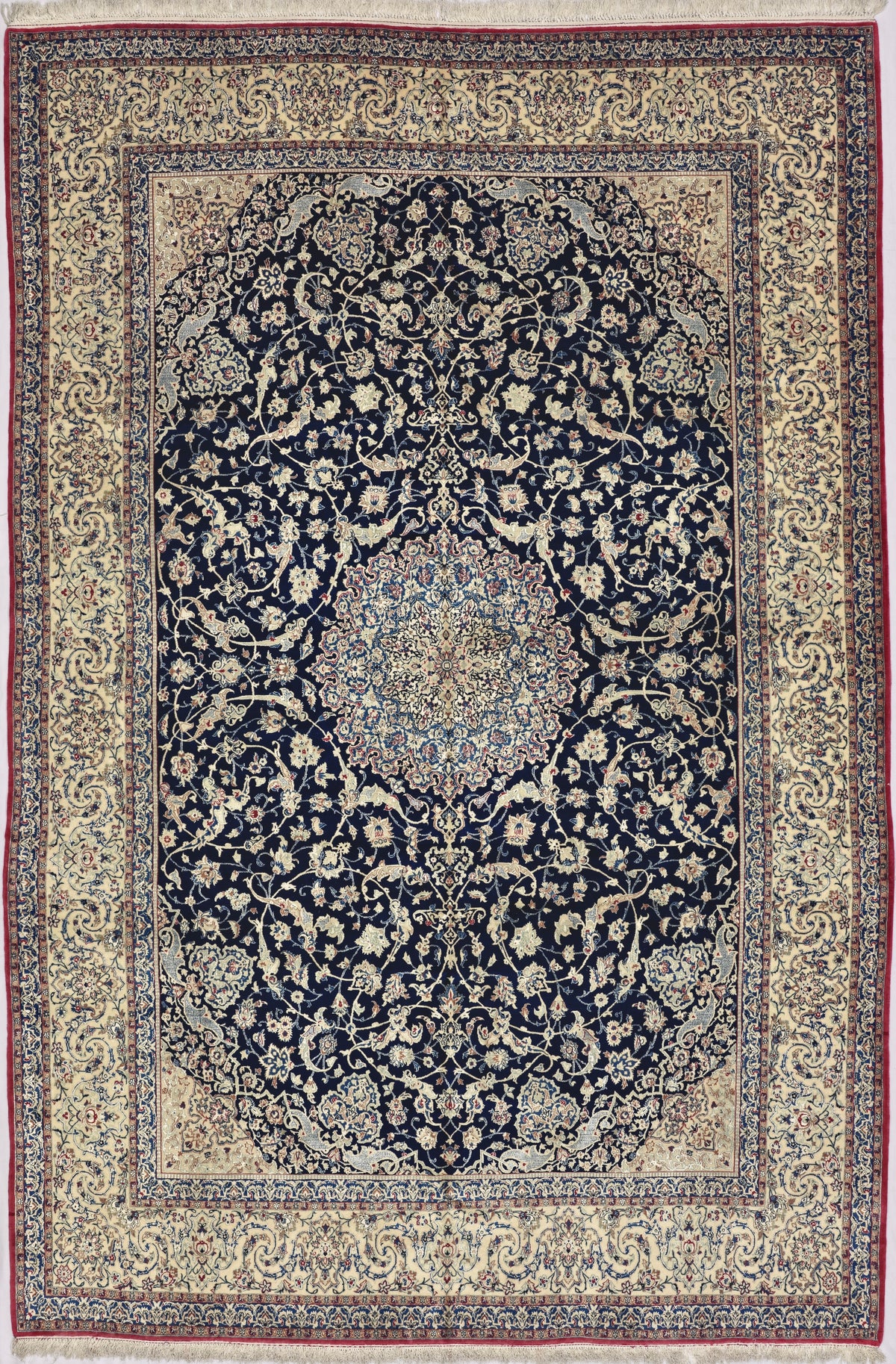 Vintage Persian Nain Tudeshk Rug Circa 1960 | 7' 1" X 10' 6" | Navy-Blue & Ivory Colours | Extremely Fine | Urban Production