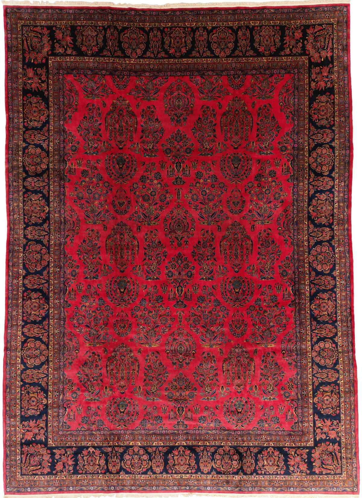 Antique Persian Kashan Arak Rug Circa 1920 | 12' 10" X 17' 6" | Allover Floral Design | Raspberry Colour | Finely Woven | Urban Production