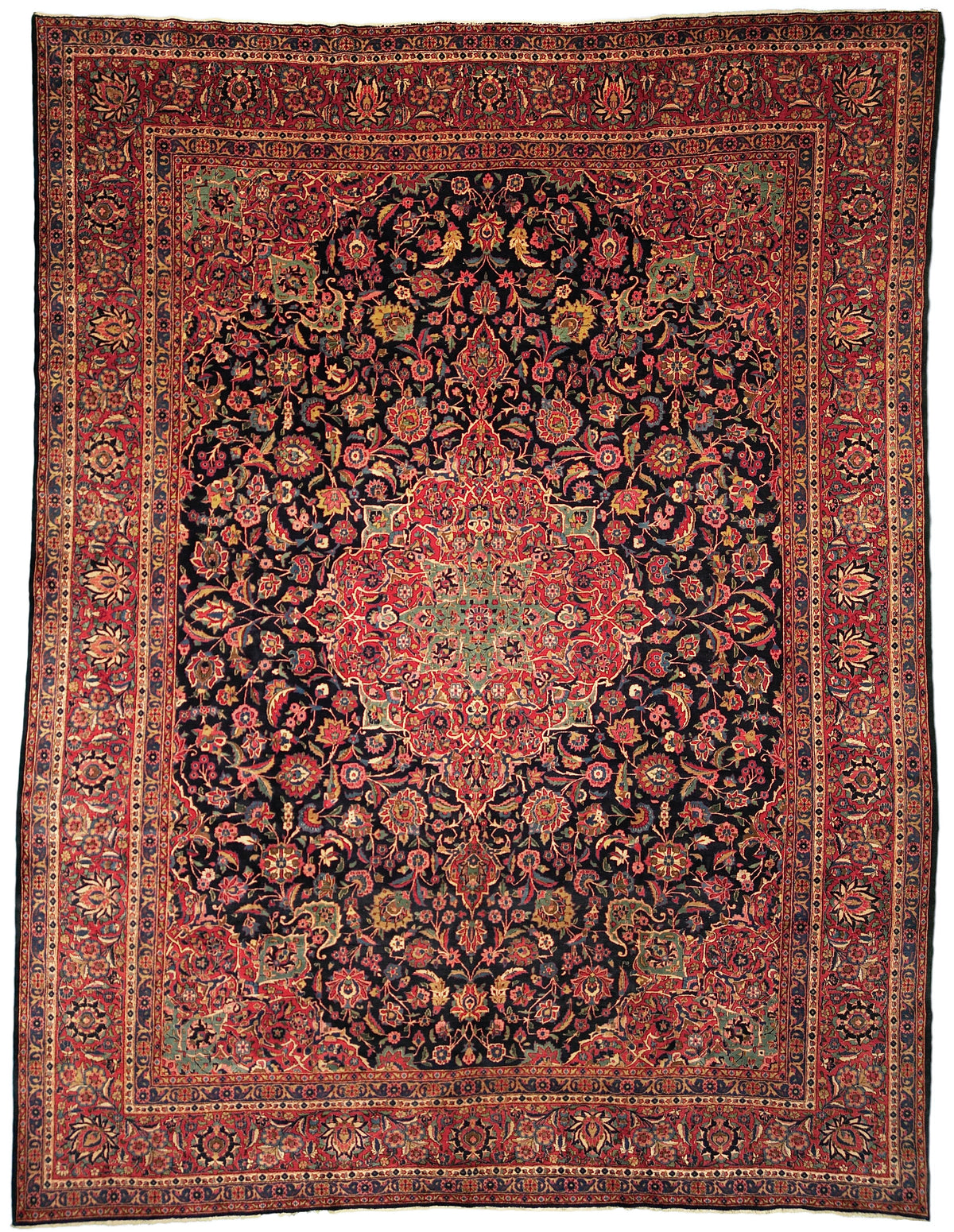 Antique Persian Kashan Rug Circa 1920 | 10' 9" X 14' 0" | Large Size | Traditional Design | Navy-Blue & Red Colours | Finely Woven | Urban Production