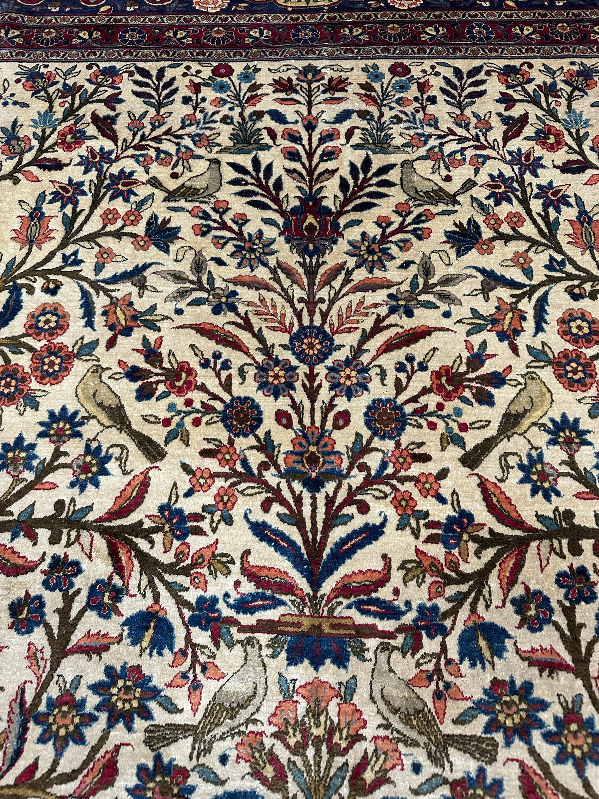 Antique Pure Silk Persian Kashan Rug Circa 1900 | Tree Of Life Design | 8' 2" X 12' 1" | Cream & Purple Colours | Pure Silk | Extremely Fine | Urban Production