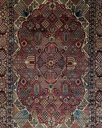 Antique Persian Meymeh Rug Circa 1920 | 10' 4" X 15' 5" | Geometric Design | Red Colour | Finely Woven | Tribal Production