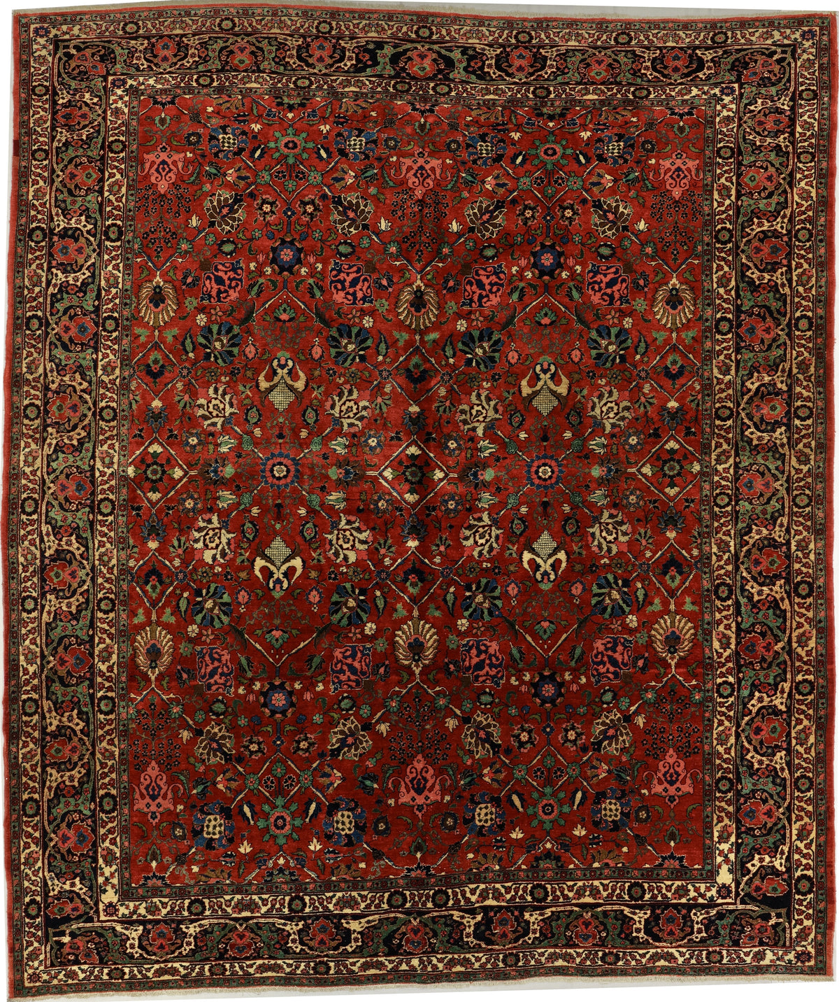 Antique Persian Bijar Rug Circa 1930 | 9' 8" X 11' 4" | Red & Green Colours | Allover Design | Tribal Production